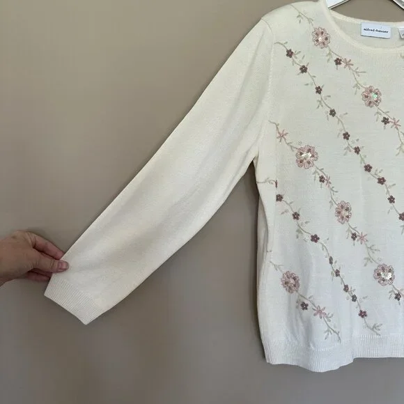 NWT Floral Embroidered Beaded Sweater Women XL Cottagecore Alfred Dunner Ivory - Picture 4 of 8
